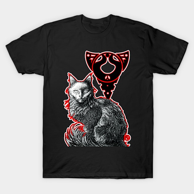 Magic Black Cat - Red & White Outlined Version T-Shirt by Nat Ewert Art